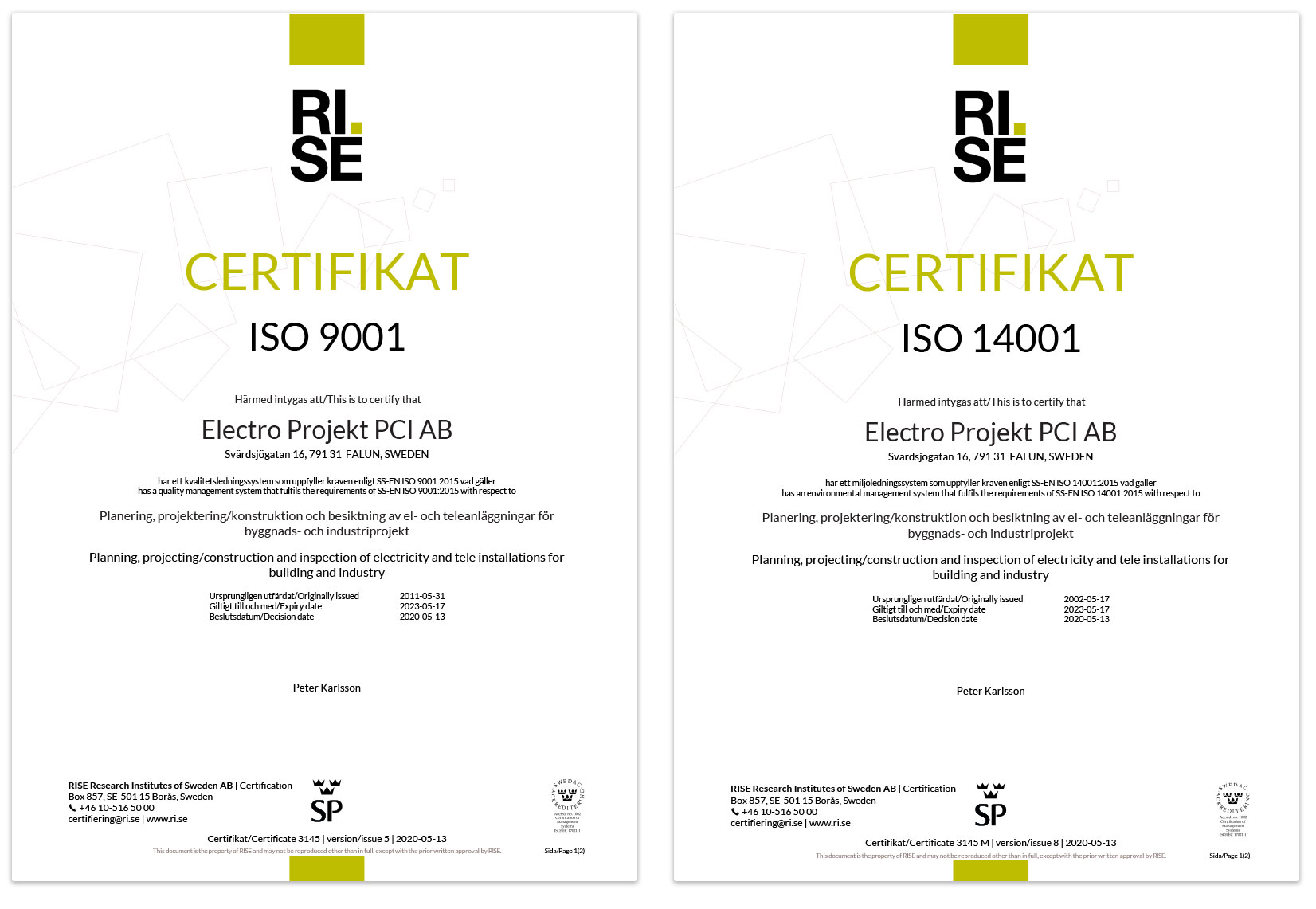 ISO-certifikat Electro Projekt