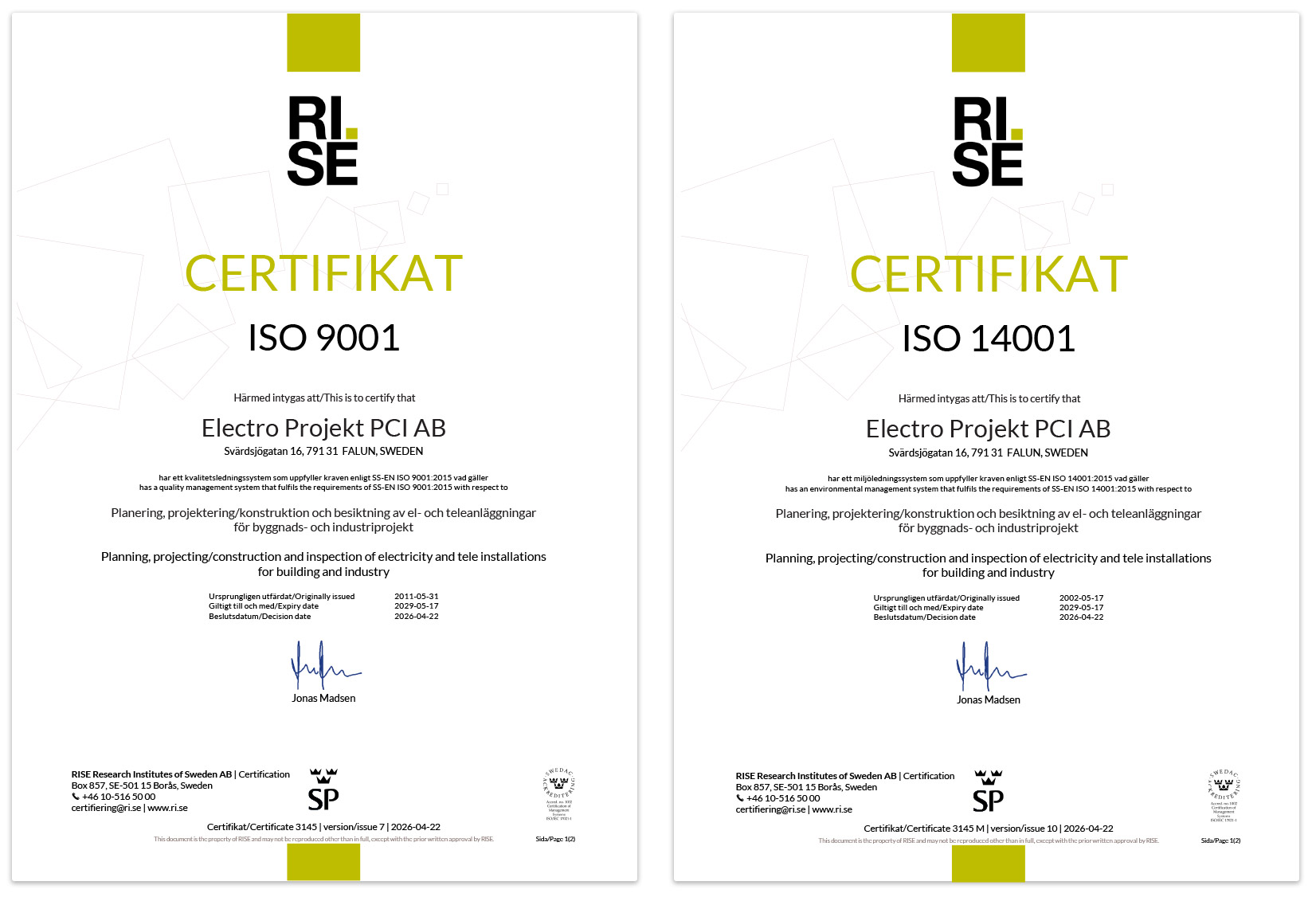 ISO-certifikat 9001 och 14001 för Electro Projekt